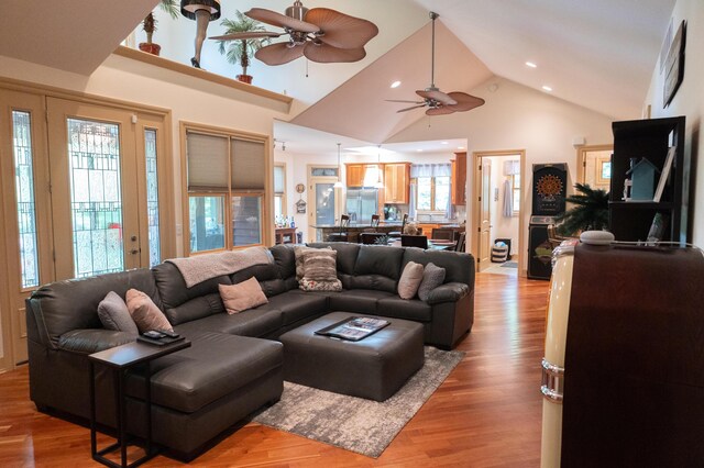 18774 Old Field Rd, New Buffalo, MI 49117 - living area featuring a ceiling fan, high vaulted ceiling, healthy amount of natural light, light wood-style floors, and recessed lighting