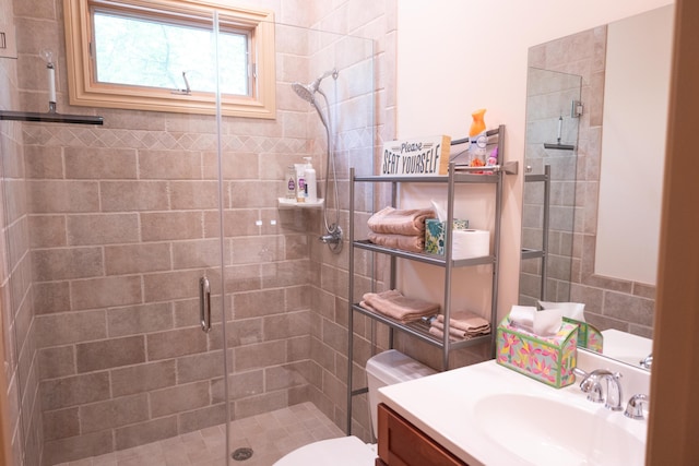 18774 Old Field Rd, New Buffalo, MI 49117 - full bathroom featuring a stall shower, vanity, and toilet