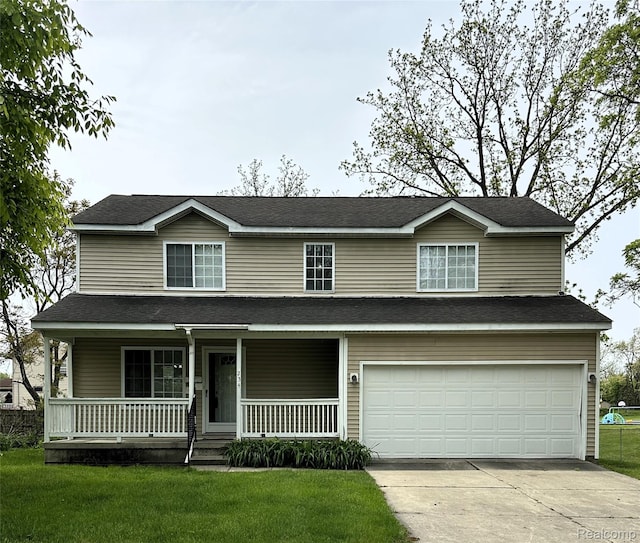 234 Chandler St, Pontiac, MI 48342 - view of front of property with a garage, driveway, covered porch, and a front lawn