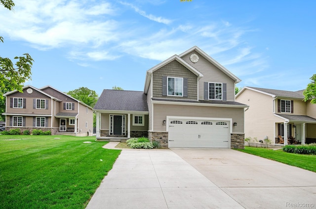 4686 Downing Dr, Pinckney, MI 48169 - view of front of house with concrete driveway, stone siding, an attached garage, and a front lawn