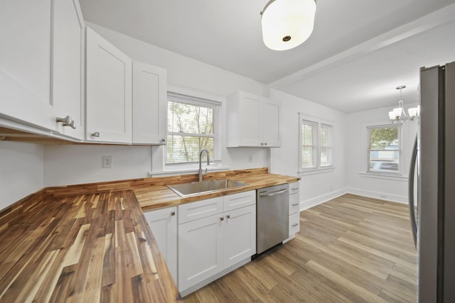 130 N Horton St, Jackson, MI 49202 - kitchen featuring wood counters, appliances with stainless steel finishes, a sink, and white cabinets