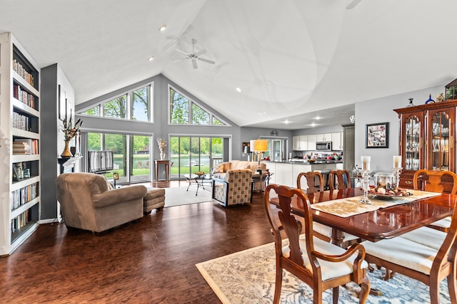 9228 Main St, Canadian Lakes, MI 49346 - dining space with ceiling fan, wood finished floors, recessed lighting, and high vaulted ceiling