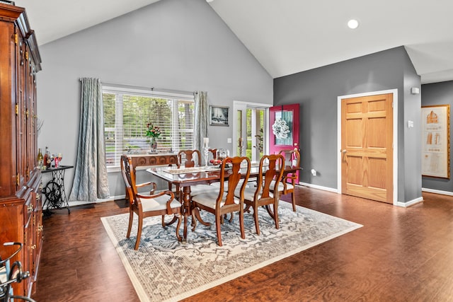 9228 Main St, Canadian Lakes, MI 49346 - dining area featuring high vaulted ceiling, dark wood-style flooring, baseboards, and recessed lighting