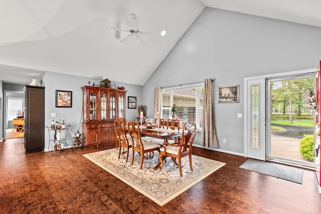 9228 Main St, Canadian Lakes, MI 49346 - dining area with high vaulted ceiling, ceiling fan, dark wood-style floors, plenty of natural light, and recessed lighting