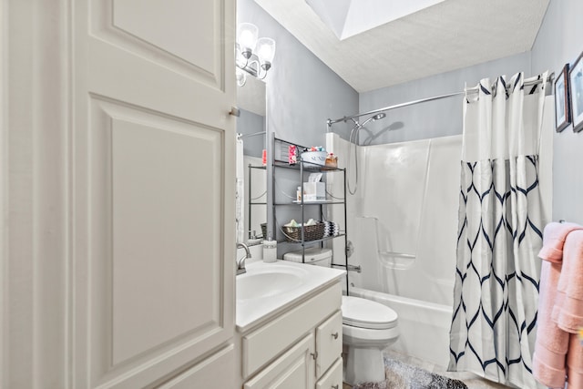 9228 Main St, Canadian Lakes, MI 49346 - bathroom featuring toilet, shower / bath combo, vanity, a textured ceiling, and a skylight