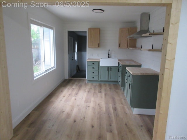 2220 E Bergin Ave, Burton, MI 48529 - kitchen with ventilation hood, a sink, light wood finished floors, baseboards, and backsplash