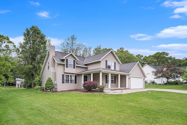 13860 Rolling Creek Dr, Lowell, MI 49331 - view of front facade featuring a chimney, a front yard, covered porch, and concrete driveway