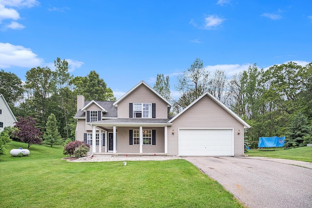 13860 Rolling Creek Dr, Lowell, MI 49331 - traditional-style house with asphalt driveway, a chimney, an attached garage, a porch, and a front lawn