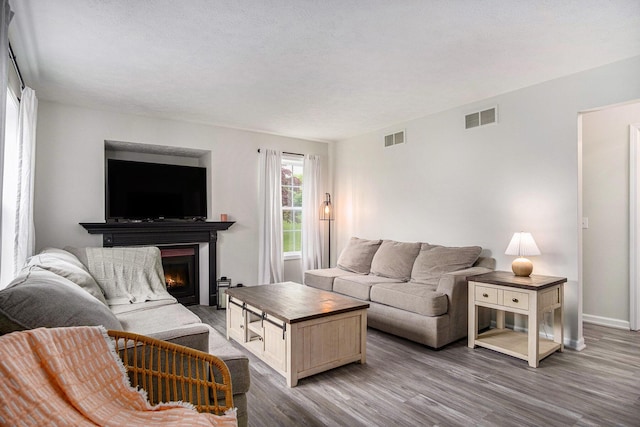 13860 Rolling Creek Dr, Lowell, MI 49331 - living area featuring wood finished floors, a lit fireplace, and baseboards