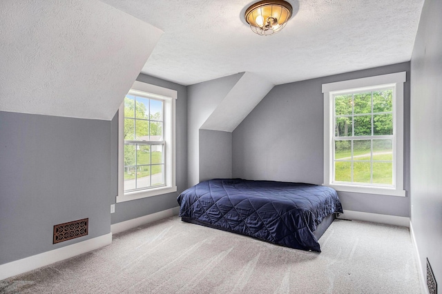 13860 Rolling Creek Dr, Lowell, MI 49331 - carpeted bedroom featuring a textured ceiling, vaulted ceiling, and baseboards