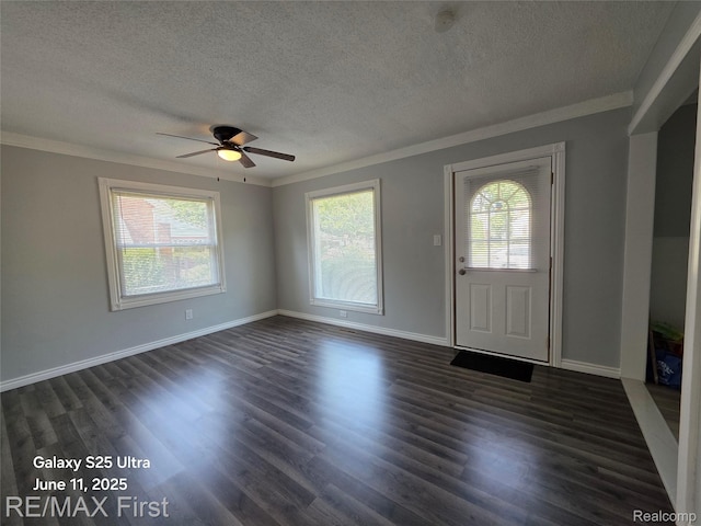 12725 Riverview St, Detroit, MI 48223 - foyer entrance with a textured ceiling, crown molding, plenty of natural light, a ceiling fan, and dark wood-type flooring