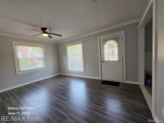 12725 Riverview St, Detroit, MI 48223 - entrance foyer with a textured ceiling, crown molding, dark wood-style flooring, and ceiling fan