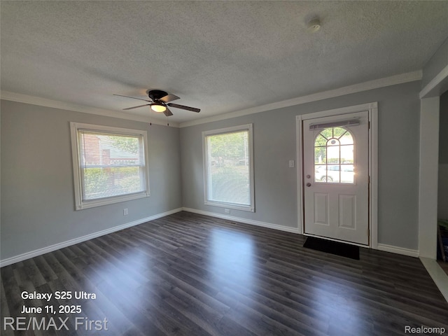 12725 Riverview St, Detroit, MI 48223 - foyer featuring a textured ceiling, ornamental molding, a ceiling fan, and dark wood-type flooring
