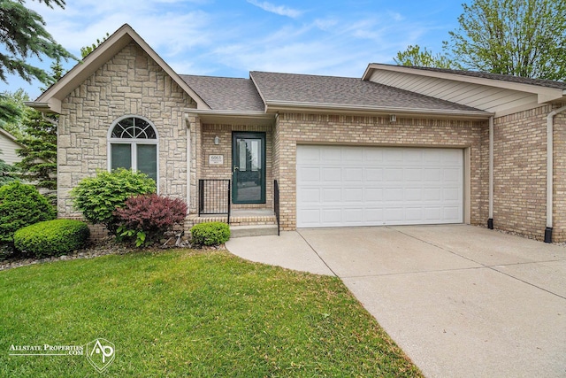 6063 Steeplechase Dr, Grand Blanc, MI 48439 - view of front of house featuring concrete driveway, a garage, a front yard, a shingled roof, and brick siding