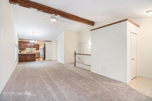 6063 Steeplechase Dr, Grand Blanc, MI 48439 - unfurnished living room with a chandelier, a ceiling fan, light carpet, and baseboards