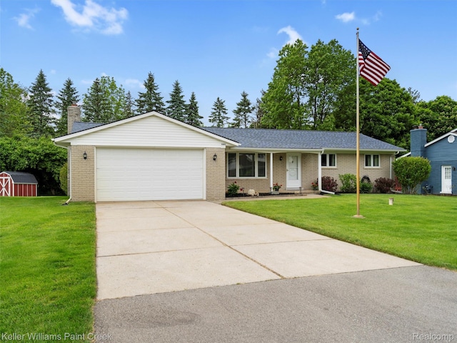 11411 N Crestline Dr, Washington, MI 48095 - ranch-style house featuring a front yard, concrete driveway, a garage, and brick siding