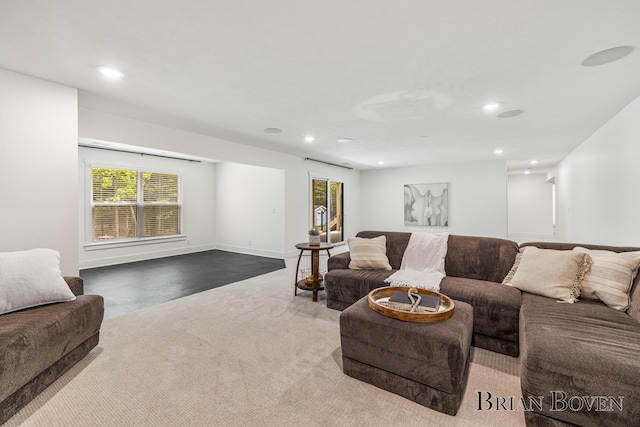 4846 Honeycrisp Dr NE, Rockford, MI 49341 - living room featuring recessed lighting, healthy amount of natural light, carpet floors, and baseboards