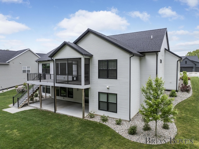 4846 Honeycrisp Dr NE, Rockford, MI 49341 - rear view of property featuring a patio area, stairway, a yard, and a shingled roof