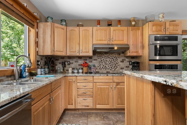 376 Highview Rd, Traverse City, MI 49696 - kitchen with under cabinet range hood, dishwasher, a sink, and backsplash