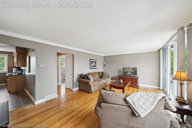 307 N Eton St, Birmingham, MI 48009 - living area with plenty of natural light, ornamental molding, light wood-style flooring, and baseboards