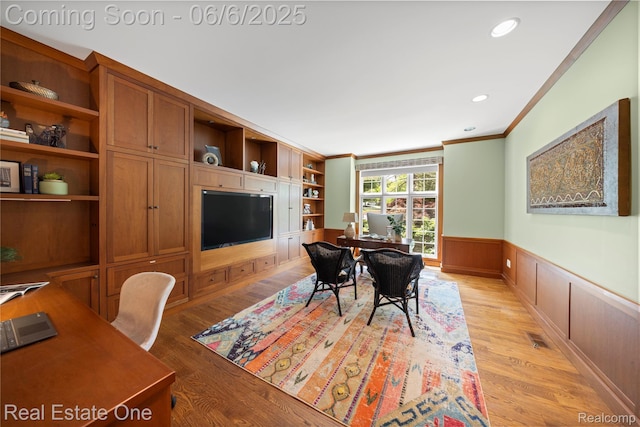 6212 Bromley Ct, West Bloomfield, MI 48322 - home office with crown molding, light wood finished floors, wainscoting, and recessed lighting