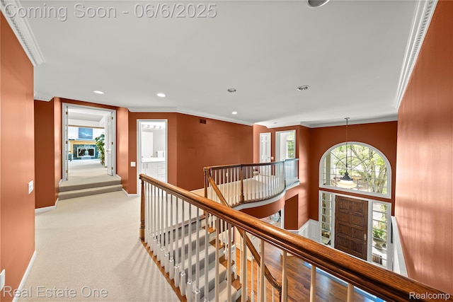 6212 Bromley Ct, West Bloomfield, MI 48322 - hall with an upstairs landing, crown molding, recessed lighting, carpet flooring, and baseboards