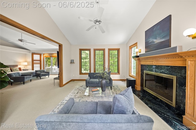 6212 Bromley Ct, West Bloomfield, MI 48322 - living room featuring lofted ceiling, ceiling fan, carpet floors, a fireplace, and baseboards