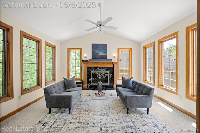 6212 Bromley Ct, West Bloomfield, MI 48322 - living room with baseboards, lofted ceiling, carpet floors, a fireplace, and ceiling fan