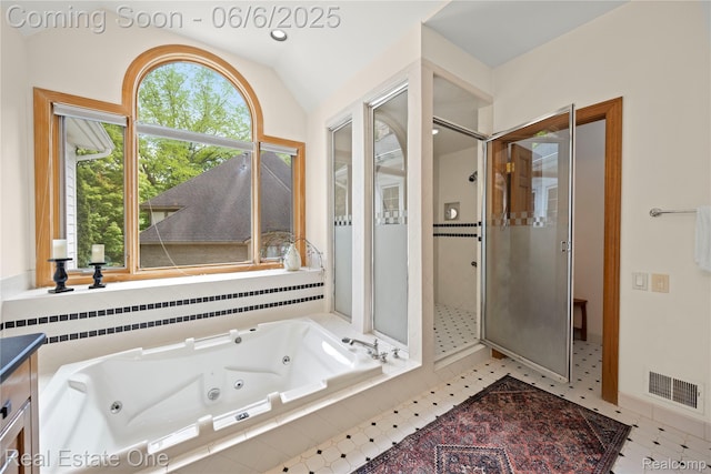 6212 Bromley Ct, West Bloomfield, MI 48322 - full bath featuring a stall shower, a tub with jets, and lofted ceiling