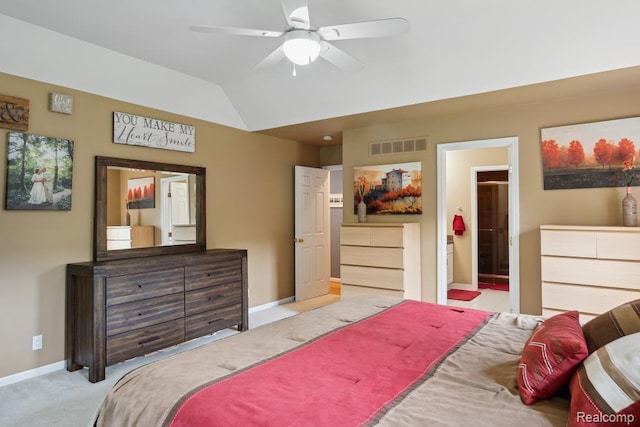 3468 High Hillcrest Dr, Howell, MI 48843 - bedroom with baseboards, carpet flooring, vaulted ceiling, connected bathroom, and a ceiling fan