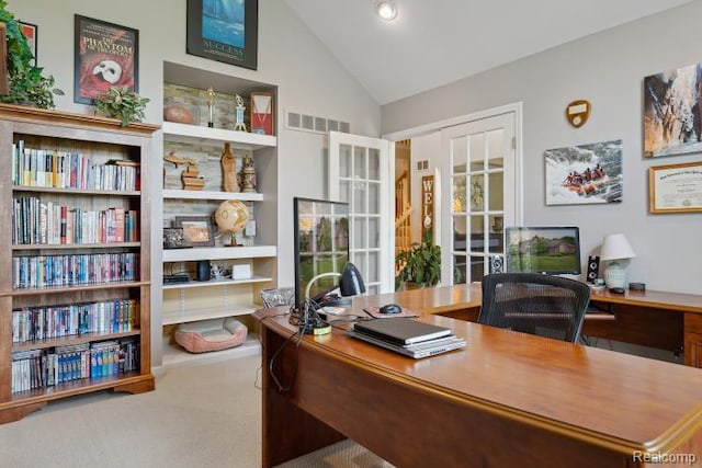 3468 High Hillcrest Dr, Howell, MI 48843 - home office with carpet flooring and high vaulted ceiling