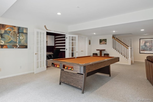 3468 High Hillcrest Dr, Howell, MI 48843 - game room featuring french doors, carpet floors, recessed lighting, billiards, and baseboards
