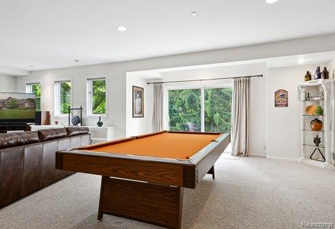 3468 High Hillcrest Dr, Howell, MI 48843 - playroom with light carpet, plenty of natural light, recessed lighting, baseboards, and billiards table