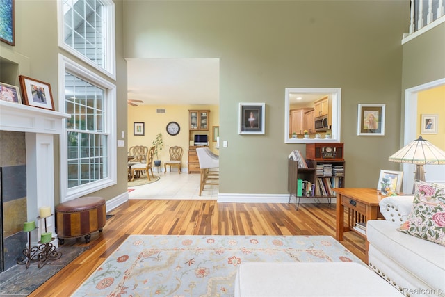 1235 Joann Ln, Williamston, MI 48895 - living area with a towering ceiling, wood finished floors, and baseboards