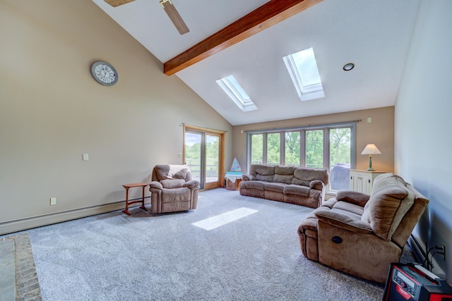 4470 Peach Ridge Ave NW, Grand Rapids, MI 49544 - living area with a skylight, beam ceiling, carpet, high vaulted ceiling, and baseboard heating