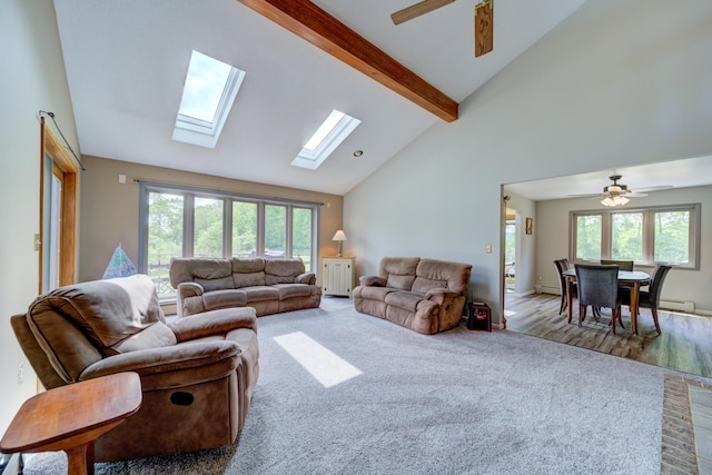 4470 Peach Ridge Ave NW, Grand Rapids, MI 49544 - carpeted living area featuring a ceiling fan, beam ceiling, plenty of natural light, high vaulted ceiling, and a skylight