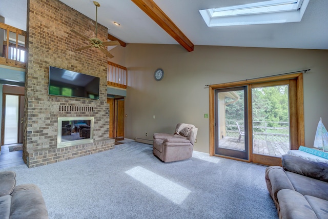 4470 Peach Ridge Ave NW, Grand Rapids, MI 49544 - carpeted living room featuring a baseboard heating unit, a skylight, a fireplace, ceiling fan, and beamed ceiling
