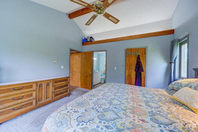 4470 Peach Ridge Ave NW, Grand Rapids, MI 49544 - bedroom featuring beamed ceiling, light colored carpet, high vaulted ceiling, ensuite bath, and ceiling fan