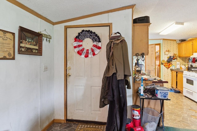 15250 142nd Ave, Big Rapids, MI 49307 - kitchen with white range oven, a textured ceiling, crown molding, stone finish flooring, and lofted ceiling