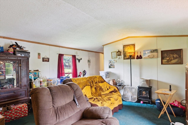 15250 142nd Ave, Big Rapids, MI 49307 - carpeted living room featuring a wood stove, crown molding, and a textured ceiling