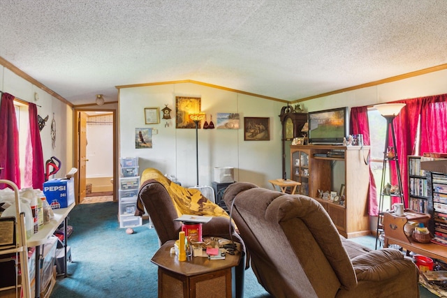 15250 142nd Ave, Big Rapids, MI 49307 - living area with crown molding, carpet, vaulted ceiling, and a textured ceiling