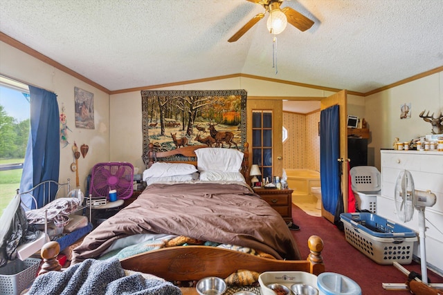 15250 142nd Ave, Big Rapids, MI 49307 - carpeted bedroom featuring crown molding, vaulted ceiling, a textured ceiling, a ceiling fan, and ensuite bathroom