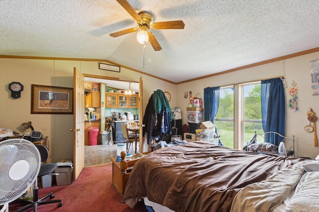 15250 142nd Ave, Big Rapids, MI 49307 - carpeted bedroom featuring lofted ceiling, ornamental molding, a textured ceiling, and ceiling fan