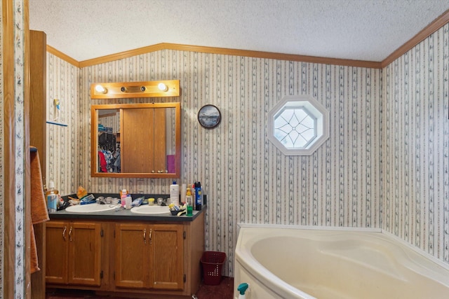 15250 142nd Ave, Big Rapids, MI 49307 - full bath with crown molding, a textured ceiling, wallpapered walls, double vanity, and a bath