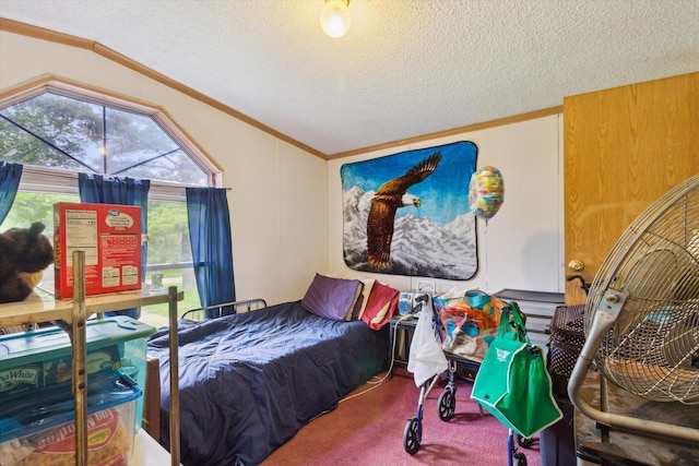 15250 142nd Ave, Big Rapids, MI 49307 - bedroom featuring carpet flooring, lofted ceiling, a textured ceiling, and ornamental molding
