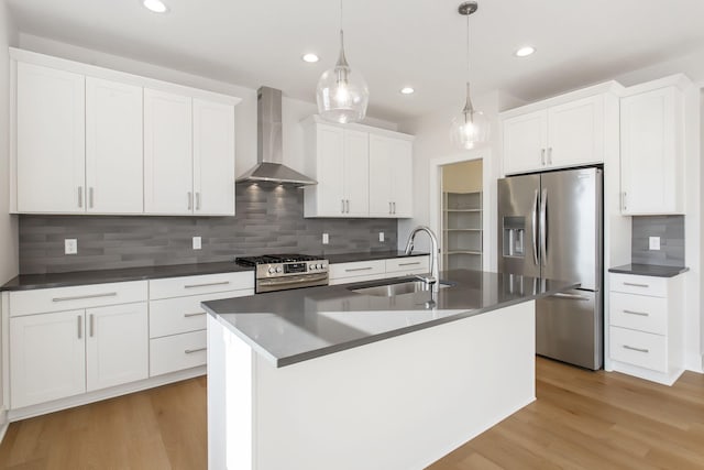 14984 Fillmore St, West Olive, MI 49460 - kitchen with appliances with stainless steel finishes, wall chimney exhaust hood, a sink, dark countertops, and decorative backsplash