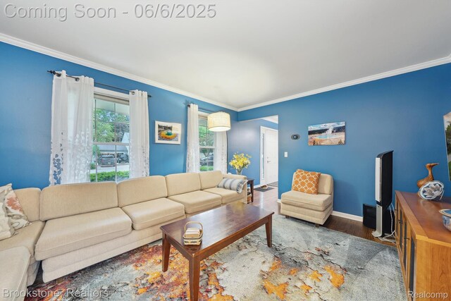 2831 Aurora Dr, Lake Orion, MI 48360 - living area featuring crown molding, wood finished floors, and baseboards