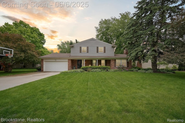 2831 Aurora Dr, Lake Orion, MI 48360 - traditional home with brick siding, concrete driveway, an attached garage, and a yard