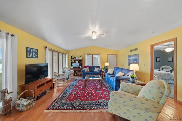 227 Lake View Dr, Hudson, MI 49247 - living room featuring a ceiling fan, lofted ceiling, and wood finished floors
