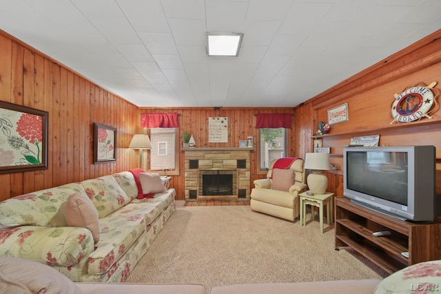 227 Lake View Dr, Hudson, MI 49247 - living area with wooden walls, carpet flooring, and a stone fireplace